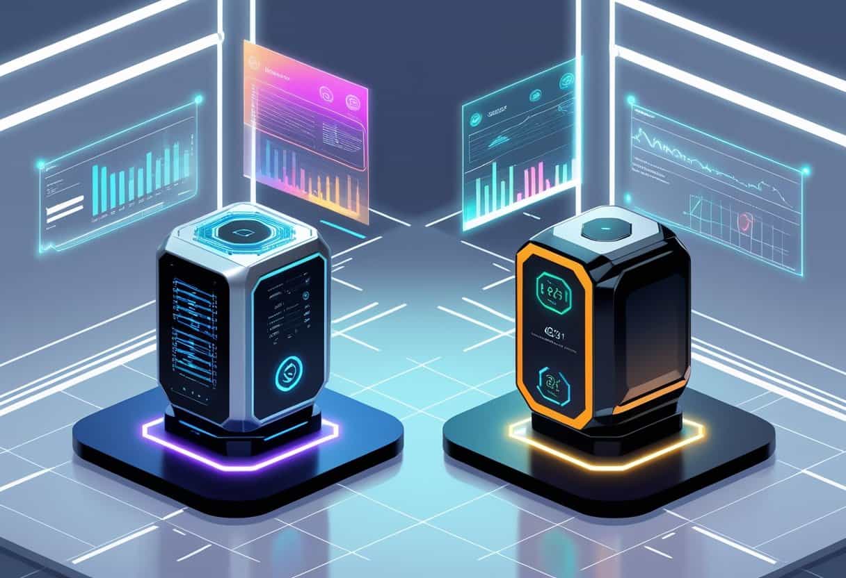 Two futuristic data servers with illuminated bases stand in a digital room, surrounded by floating data charts and graphs displayed on transparent screens.