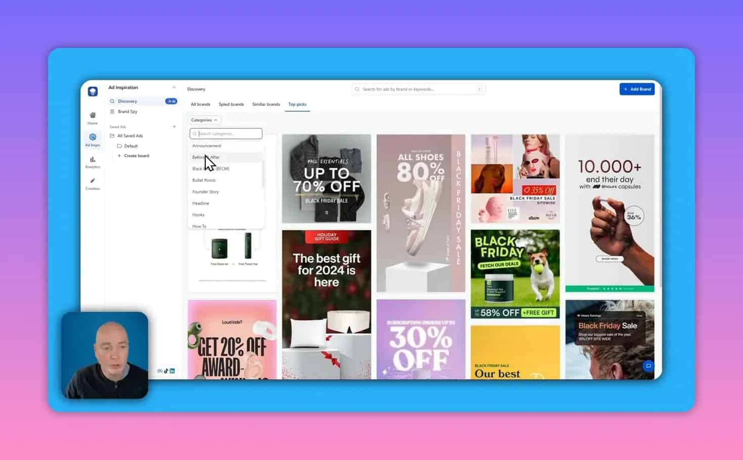 Skaler ad library with categories dropdown open and a grid of ad template thumbnails