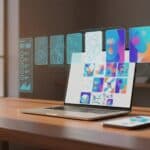 Workspace with laptop and smartphone showing AI transforming ad mockups into polished Facebook-style creatives with template thumbnails and analytics (no text).