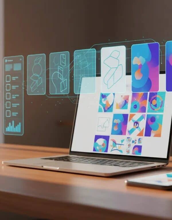 Workspace with laptop and smartphone showing AI transforming ad mockups into polished Facebook-style creatives with template thumbnails and analytics (no text).