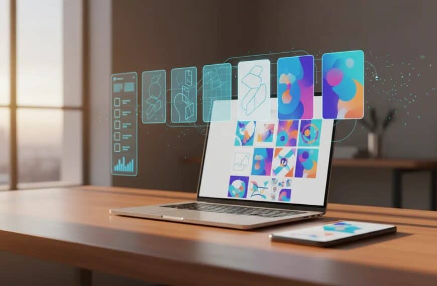 Workspace with laptop and smartphone showing AI transforming ad mockups into polished Facebook-style creatives with template thumbnails and analytics (no text).