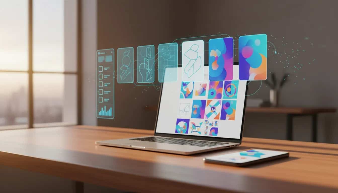 Workspace with laptop and smartphone showing AI transforming ad mockups into polished Facebook-style creatives with template thumbnails and analytics (no text).