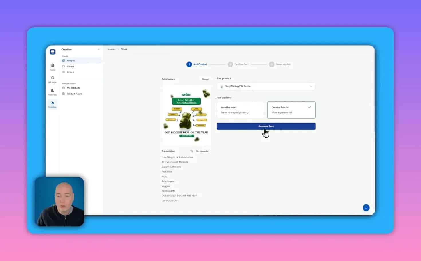 Skaler clone interface with word-for-word and creative rebuild options and Generate Text button