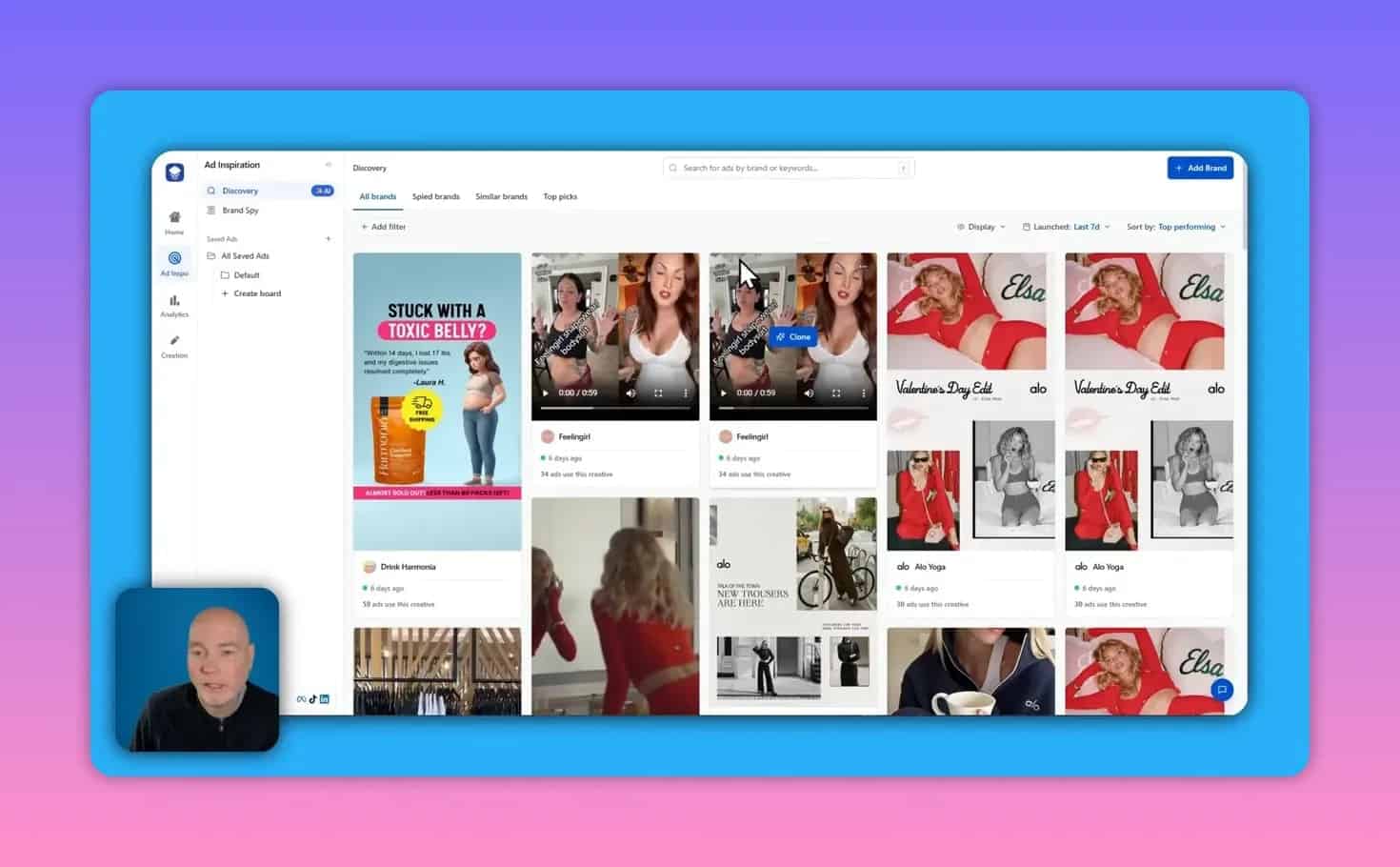 Skaler inspiration library showing a variety of reference ad thumbnails and a cursor over a video ad