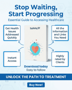 Promotional image for “Stop Waiting DIY” healthcare guide, highlighting instant access, quick health issue resolution, client ratings, and included information; features a “Buy Now!” button.