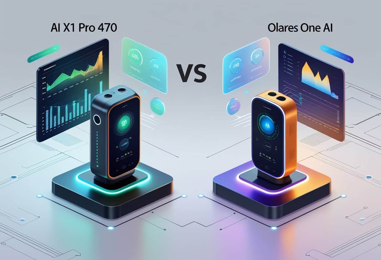 Two futuristic AI devices displayed side by side on separate platforms with floating holographic charts and data streams above them in a clean tech environment.