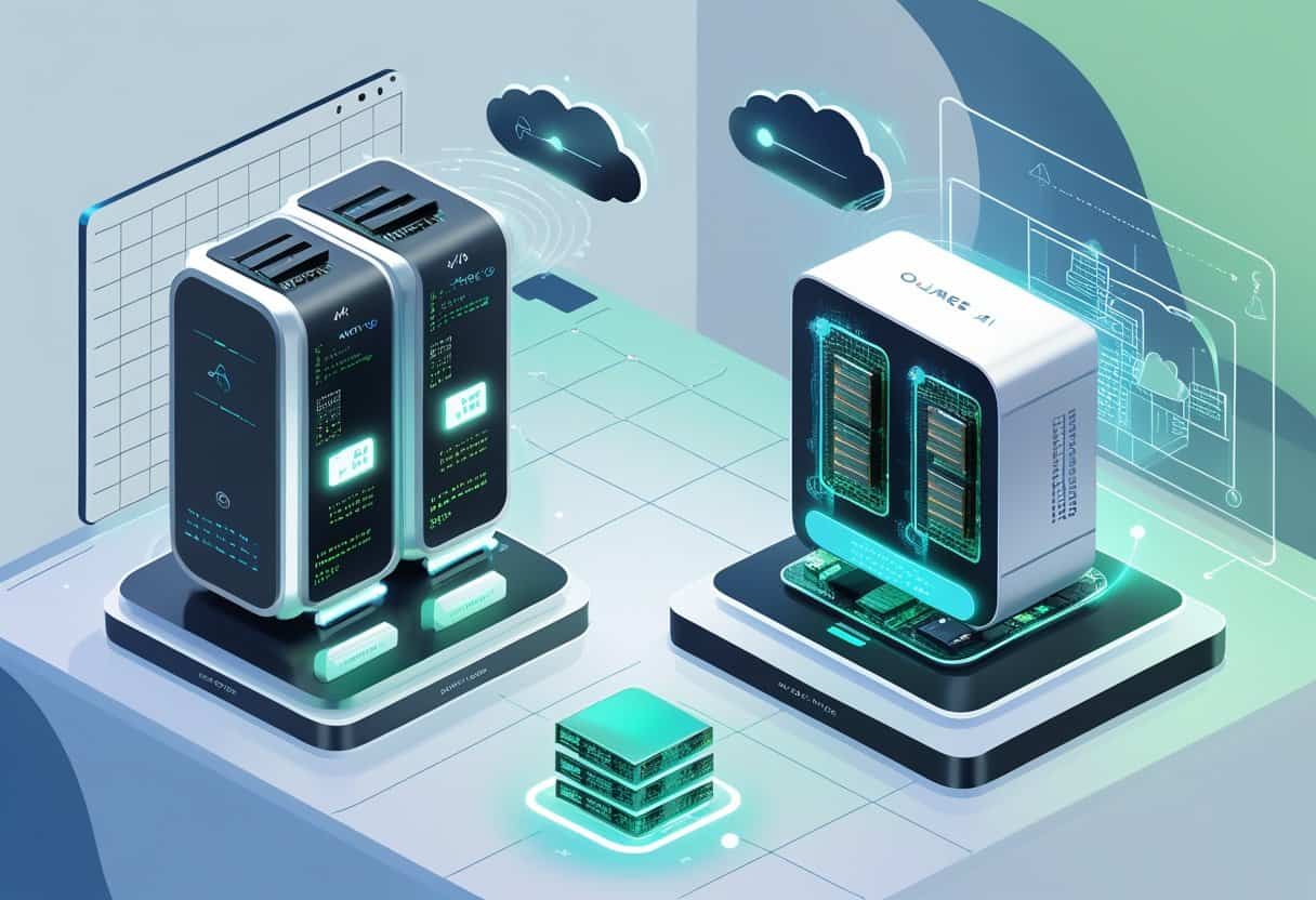 Two advanced AI devices side by side with glowing circuit boards and holographic data streams representing memory and storage options.