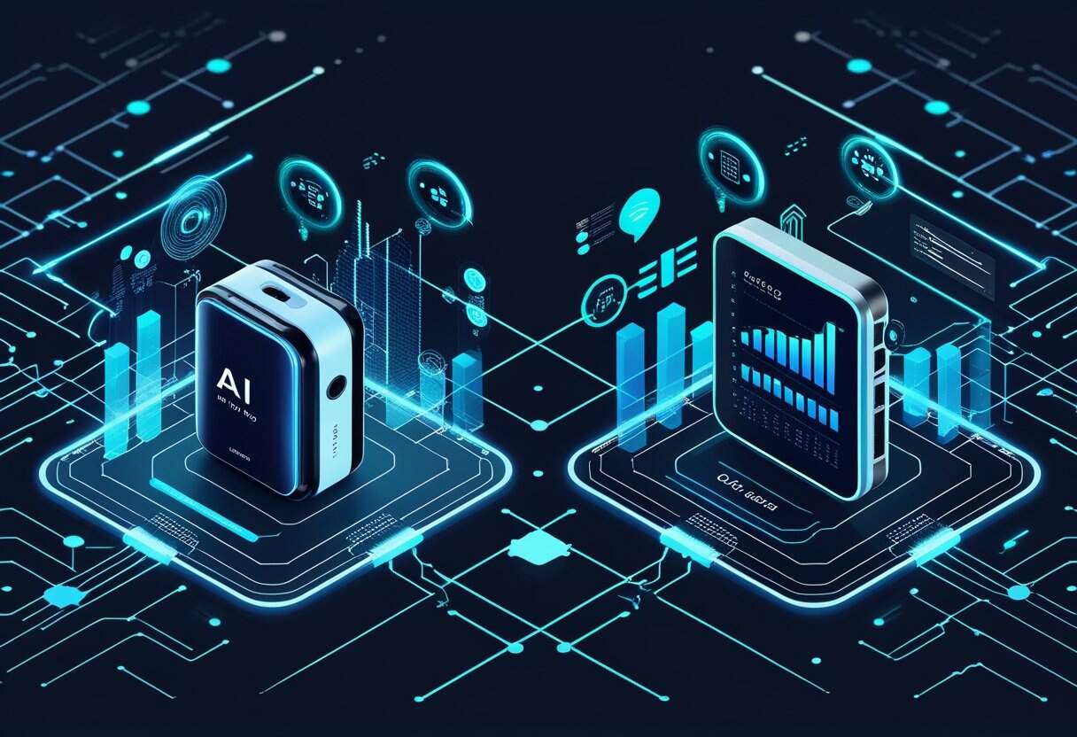 Two futuristic AI devices connected by glowing network lines with floating holographic charts and digital circuitry in the background.