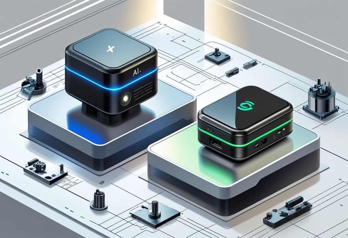 Two compact futuristic AI devices displayed on separate platforms surrounded by mechanical components and tools in a clean workspace.