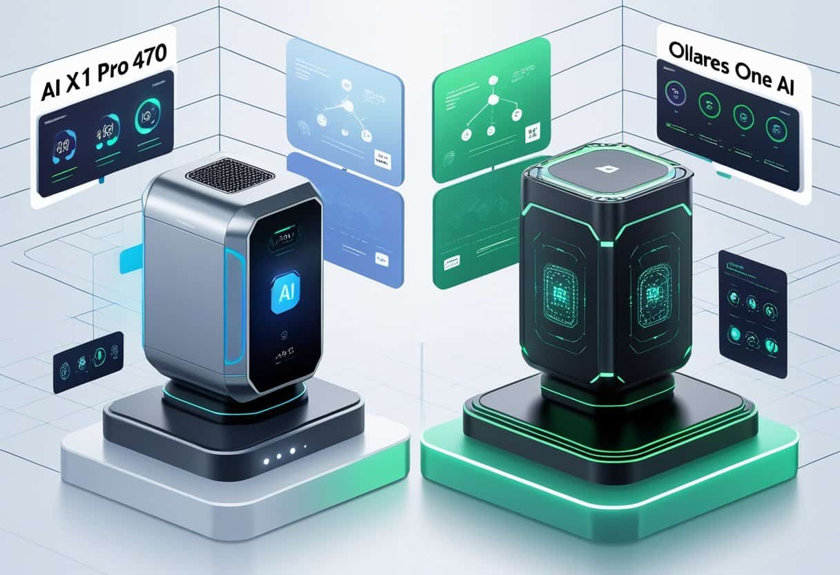 Two futuristic AI devices displayed side by side on platforms with holographic charts and data panels floating around them in a modern tech setting.
