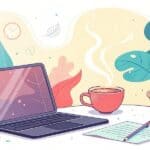 Illustration of a laptop, a steaming cup of coffee, a potted plant, and a sheet of paper with a pen on a desk, with abstract leaves and shapes in the background.