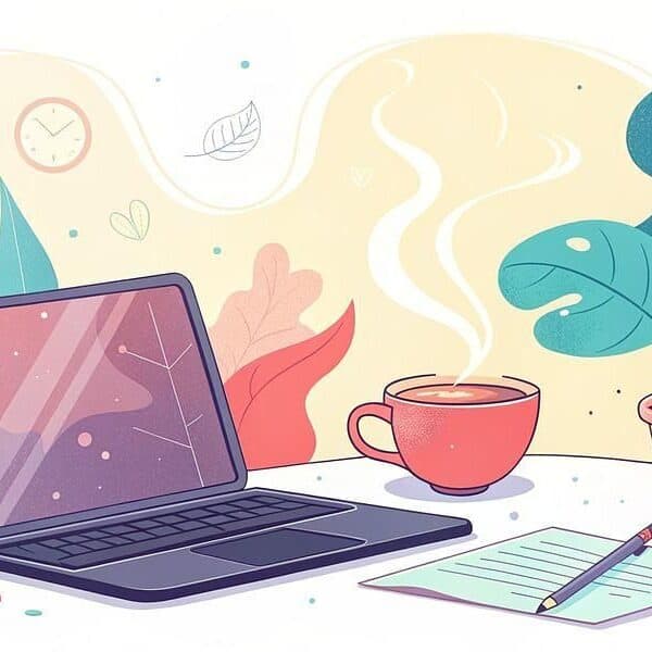 Illustration of a laptop, a steaming cup of coffee, a potted plant, and a sheet of paper with a pen on a desk, with abstract leaves and shapes in the background.