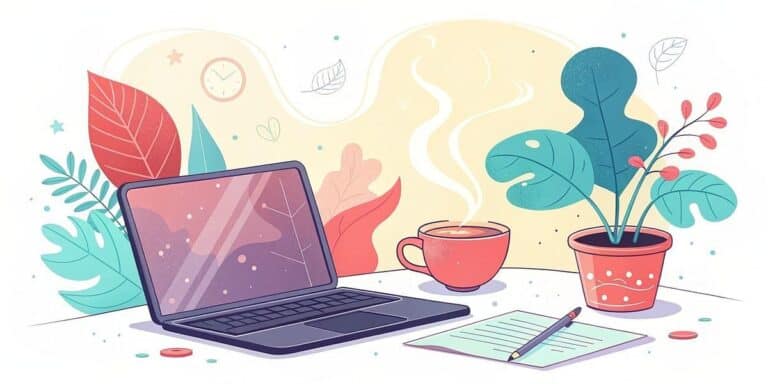 Illustration of a laptop, a steaming cup of coffee, a potted plant, and a sheet of paper with a pen on a desk, with abstract leaves and shapes in the background.