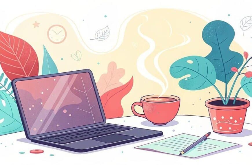 Illustration of a laptop, a steaming cup of coffee, a potted plant, and a sheet of paper with a pen on a desk, with abstract leaves and shapes in the background.