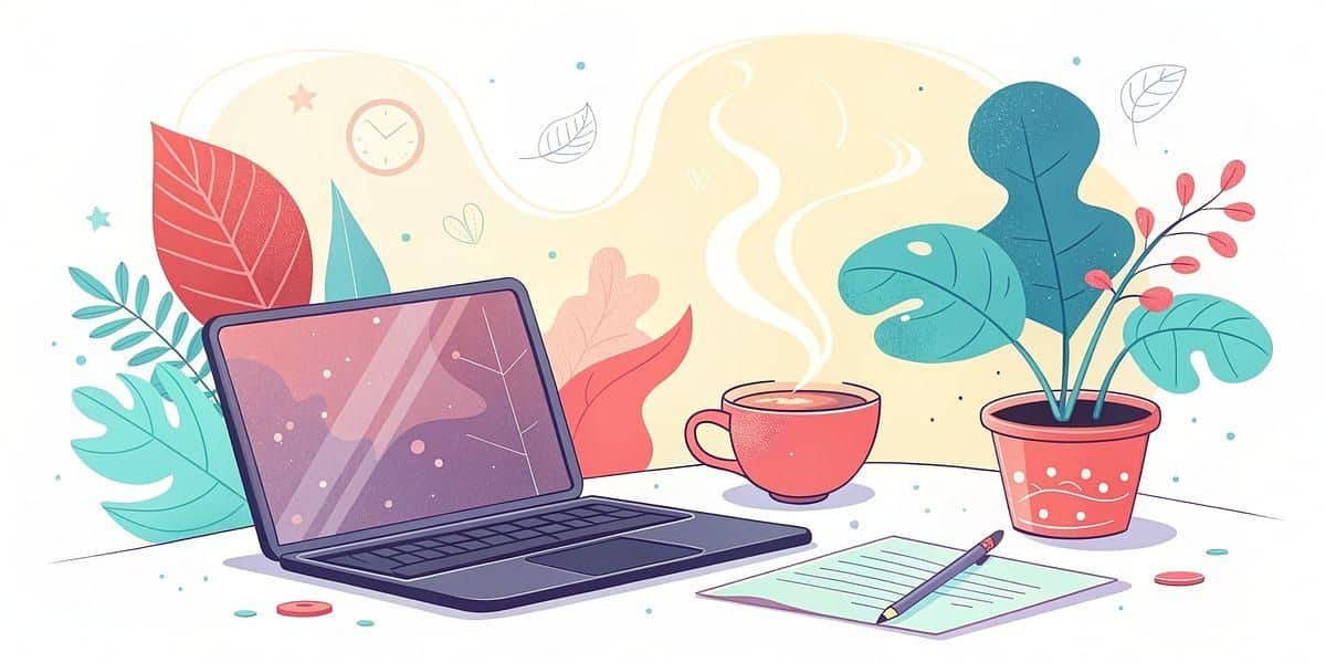 Illustration of a laptop, a steaming cup of coffee, a potted plant, and a sheet of paper with a pen on a desk, with abstract leaves and shapes in the background.