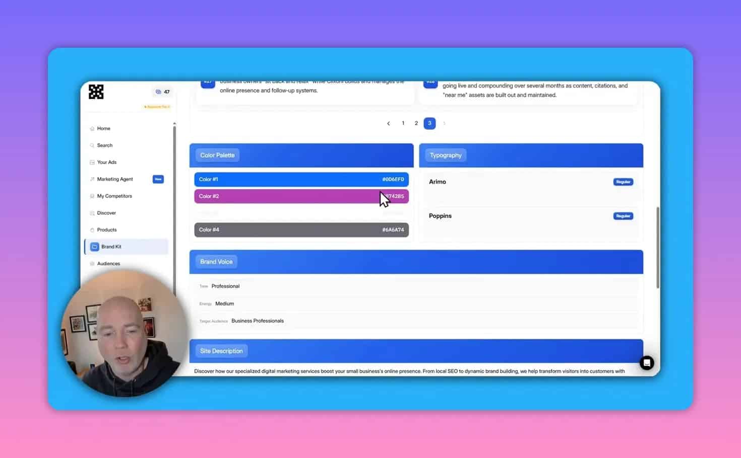 Close-up of Lapis Brand Kit showing color palette bars, typography labels and brand voice panel with cursor