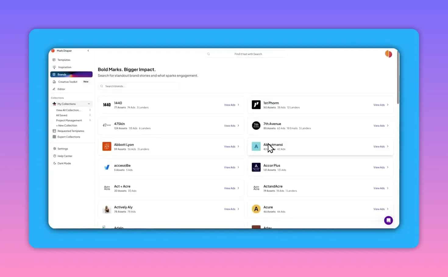 Creative OS Brands list showing multiple brand names and asset counts in a searchable list view