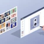Isometric illustration of a split creative workspace showing a left panel of image-only inspiration thumbnails and a right panel with an editable ad template featuring product photos, color swatches, layout blocks and a designer's hand with a stylus.