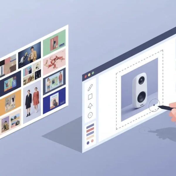 Isometric illustration of a split creative workspace showing a left panel of image-only inspiration thumbnails and a right panel with an editable ad template featuring product photos, color swatches, layout blocks and a designer's hand with a stylus.