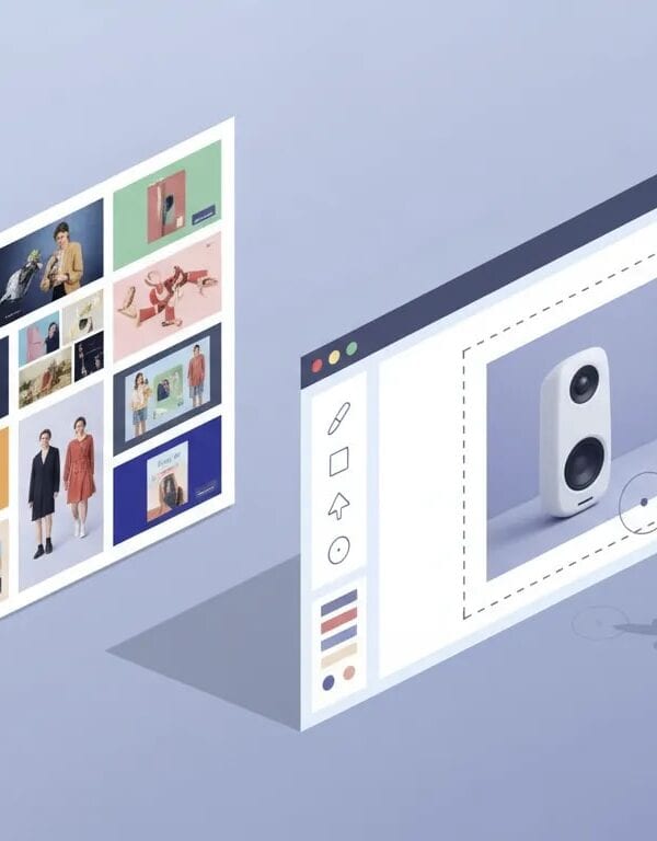 Isometric illustration of a split creative workspace showing a left panel of image-only inspiration thumbnails and a right panel with an editable ad template featuring product photos, color swatches, layout blocks and a designer's hand with a stylus.