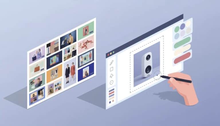 Isometric illustration of a split creative workspace showing a left panel of image-only inspiration thumbnails and a right panel with an editable ad template featuring product photos, color swatches, layout blocks and a designer's hand with a stylus.