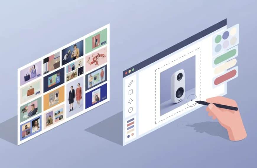 Isometric illustration of a split creative workspace showing a left panel of image-only inspiration thumbnails and a right panel with an editable ad template featuring product photos, color swatches, layout blocks and a designer's hand with a stylus.