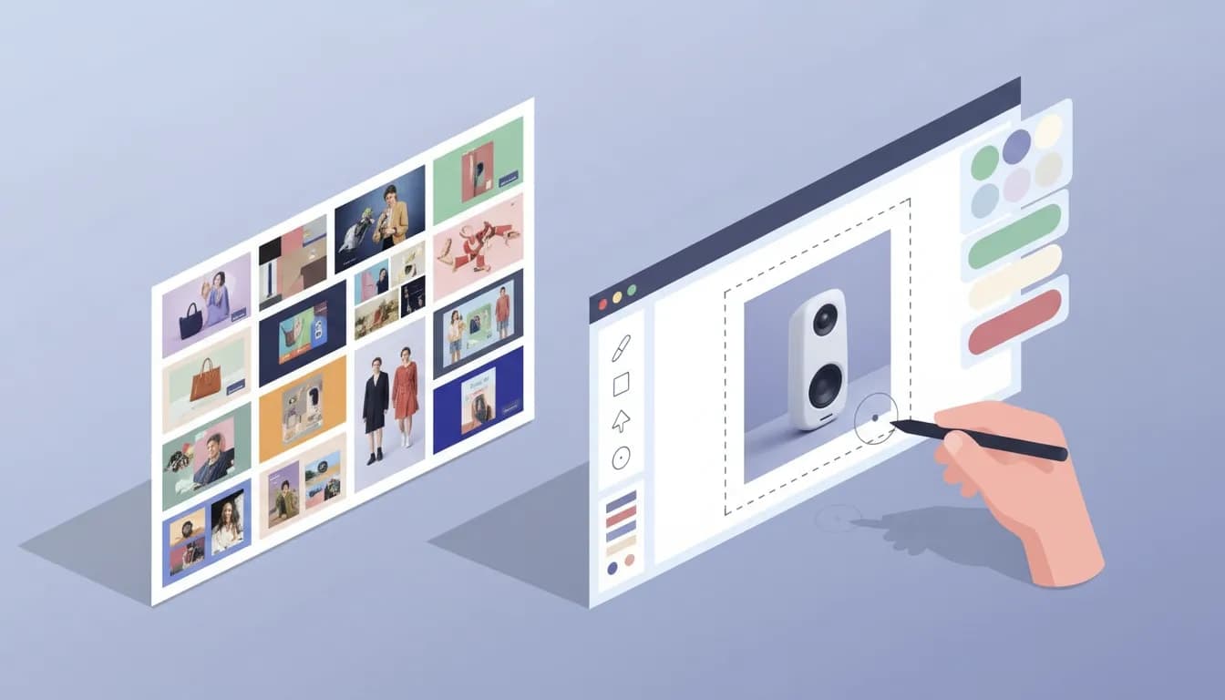 Isometric illustration of a split creative workspace showing a left panel of image-only inspiration thumbnails and a right panel with an editable ad template featuring product photos, color swatches, layout blocks and a designer's hand with a stylus.