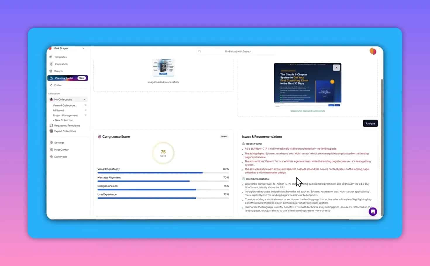 Creative OS funnel analysis dashboard showing a 75 congruence score with visual consistency bars and a list of issues and recommendations.