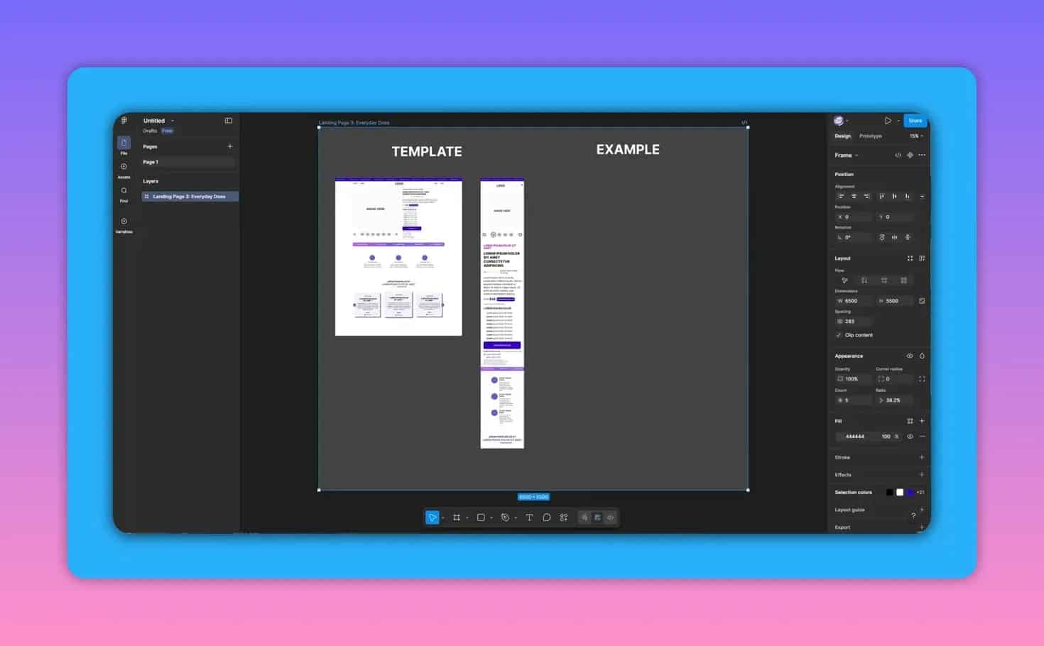 Figma showing template and example landing page mockups with selection box