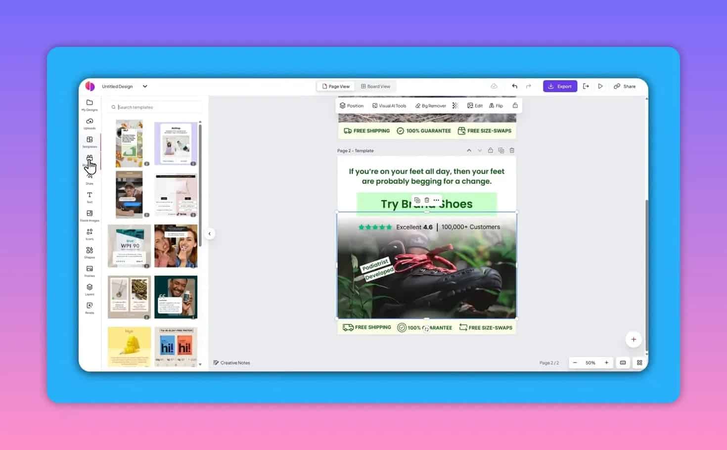 Full Creative OS editor view: left template library, top editing toolbar, and an ad asset selected with visible selection box and handles.