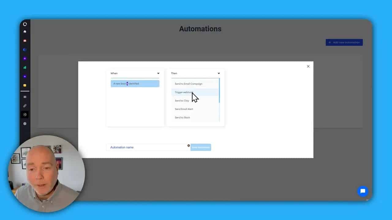 HappierLeads automations modal with 'Trigger webhook' option highlighted