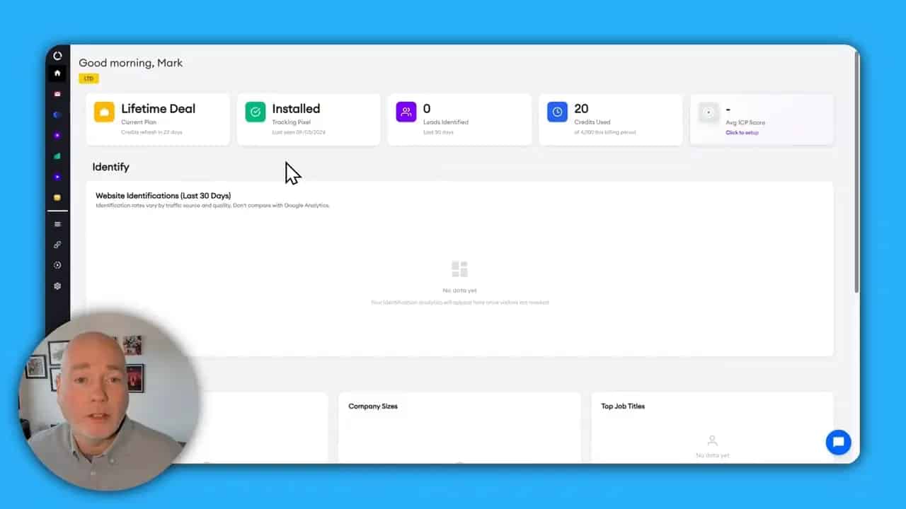HappierLeads dashboard overview with installed tracking pixel, credits used, and identify section