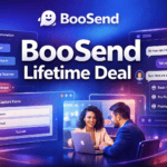 Promotional image for BooSend Lifetime Deal, featuring interface screens of messaging automation and a man and woman discussing pricing plans on a laptop.