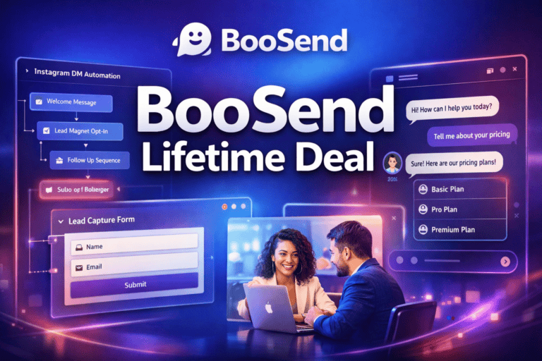 Promotional image for BooSend Lifetime Deal, featuring interface screens of messaging automation and a man and woman discussing pricing plans on a laptop.