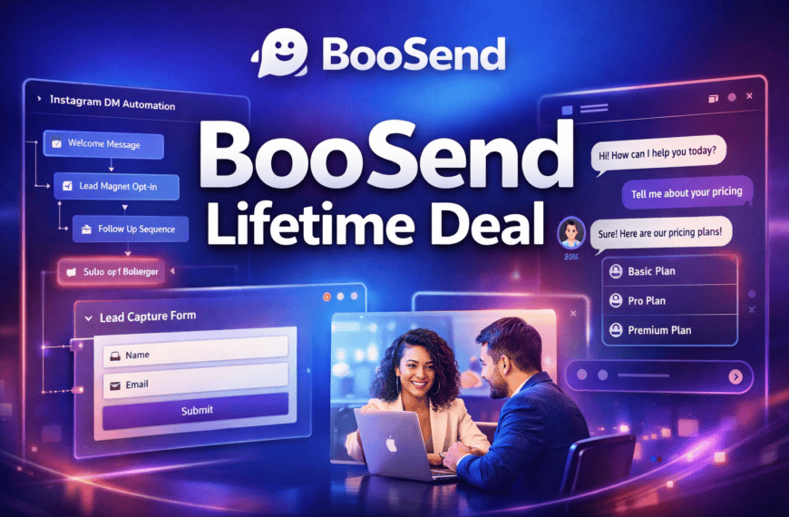 Promotional image for BooSend Lifetime Deal, featuring interface screens of messaging automation and a man and woman discussing pricing plans on a laptop.
