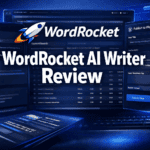 Screenshot showing the WordRocket AI Writer interface with various content generation and WordPress publishing tools, and the text "WordRocket AI Writer Review" displayed prominently.