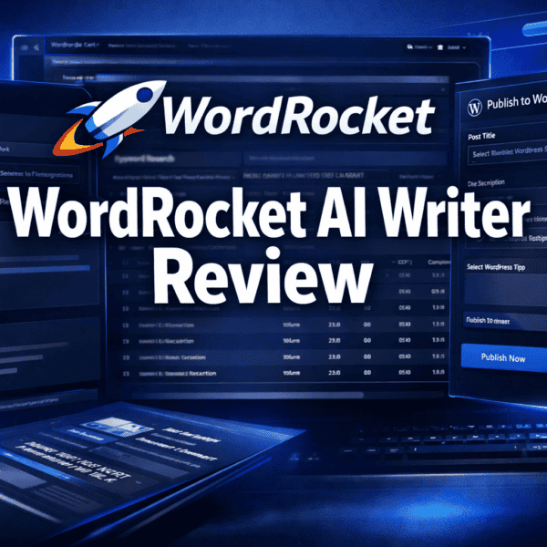 Screenshot showing the WordRocket AI Writer interface with various content generation and WordPress publishing tools, and the text "WordRocket AI Writer Review" displayed prominently.
