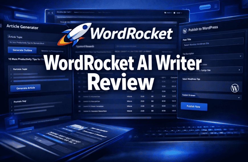 Screenshot showing the WordRocket AI Writer interface with various content generation and WordPress publishing tools, and the text "WordRocket AI Writer Review" displayed prominently.