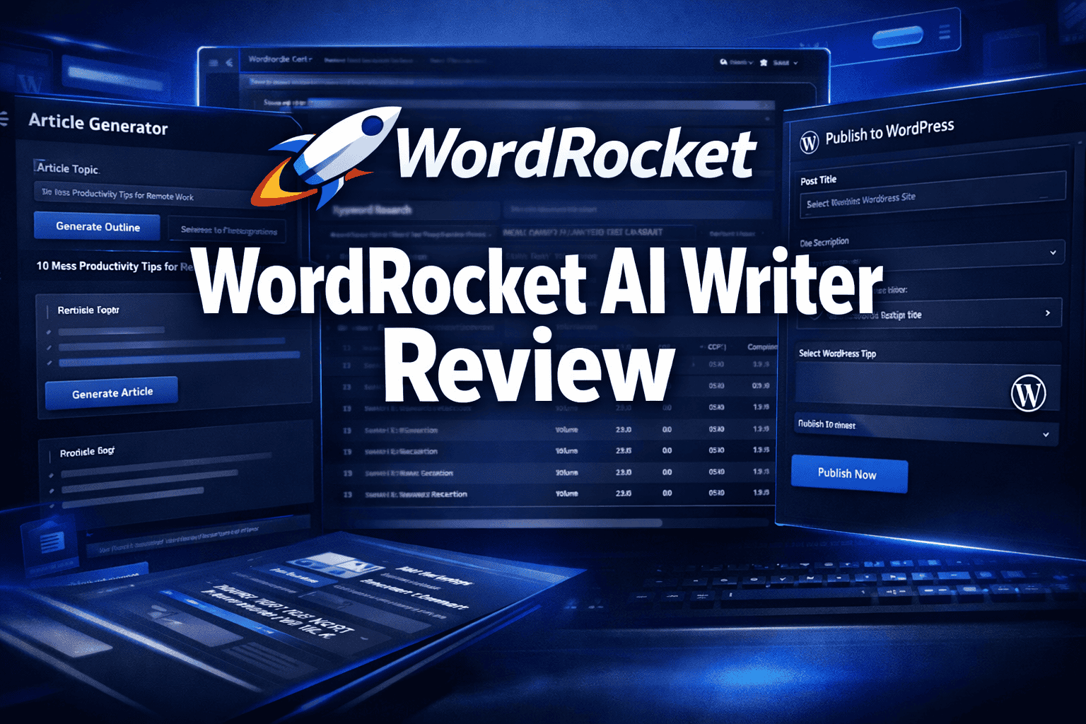 Screenshot showing the WordRocket AI Writer interface with various content generation and WordPress publishing tools, and the text "WordRocket AI Writer Review" displayed prominently.