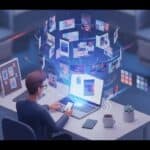 Marketer at a laptop using Lapis AI to generate multiple branded social media ad variations shown as floating thumbnails and brand asset cards, conveying fast automated ad creation