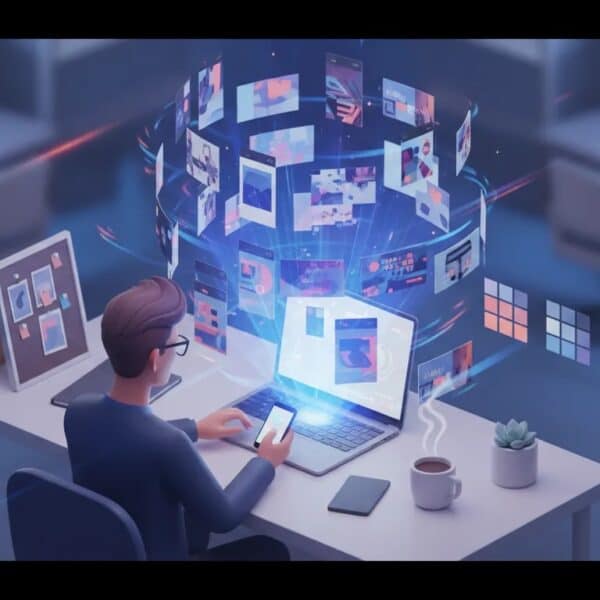 Marketer at a laptop using Lapis AI to generate multiple branded social media ad variations shown as floating thumbnails and brand asset cards, conveying fast automated ad creation