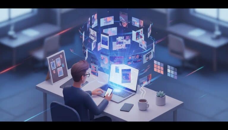 Marketer at a laptop using Lapis AI to generate multiple branded social media ad variations shown as floating thumbnails and brand asset cards, conveying fast automated ad creation