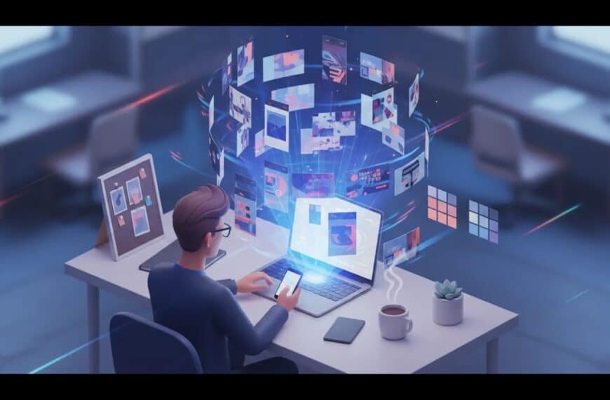 Marketer at a laptop using Lapis AI to generate multiple branded social media ad variations shown as floating thumbnails and brand asset cards, conveying fast automated ad creation