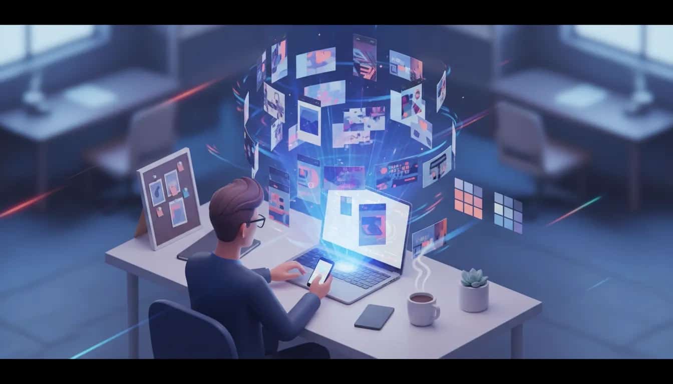 Marketer at a laptop using Lapis AI to generate multiple branded social media ad variations shown as floating thumbnails and brand asset cards, conveying fast automated ad creation