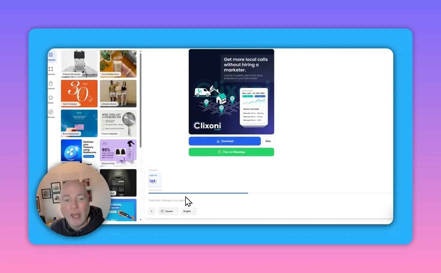 Lapis AI visual editor showing the template gallery at left, an ad preview in the center, and the 'Describe changes you want' input field with a cursor ready for a natural‑language edit.