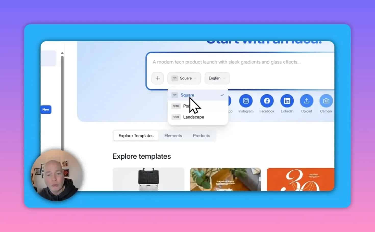 Aspect ratio dropdown open showing Square, Portrait and Landscape with platform preset icons visible in the Lapis UI