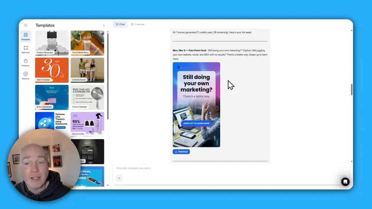 Lapis interface showing generated week of Instagram Stories and template gallery