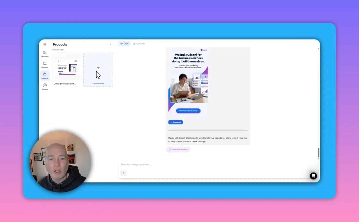 Lapis Products screen showing product thumbnails with an Upload Photo slot at left and a vertical ad preview in the center with presenter inset