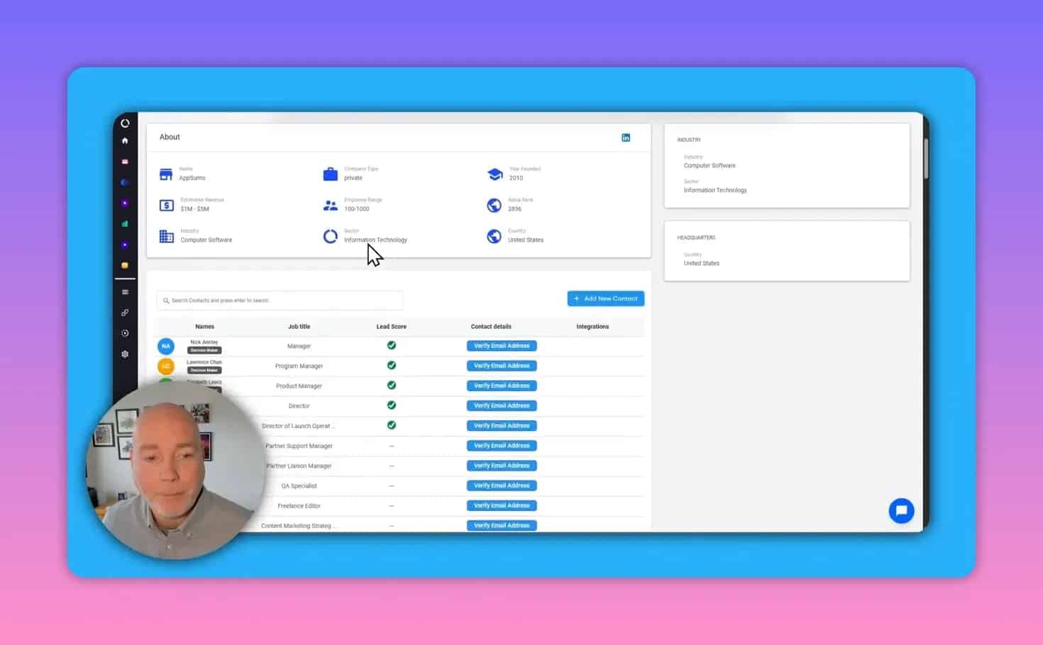Prospector/enrichment interface showing company details, contact rows and 'Verify Email Address' buttons