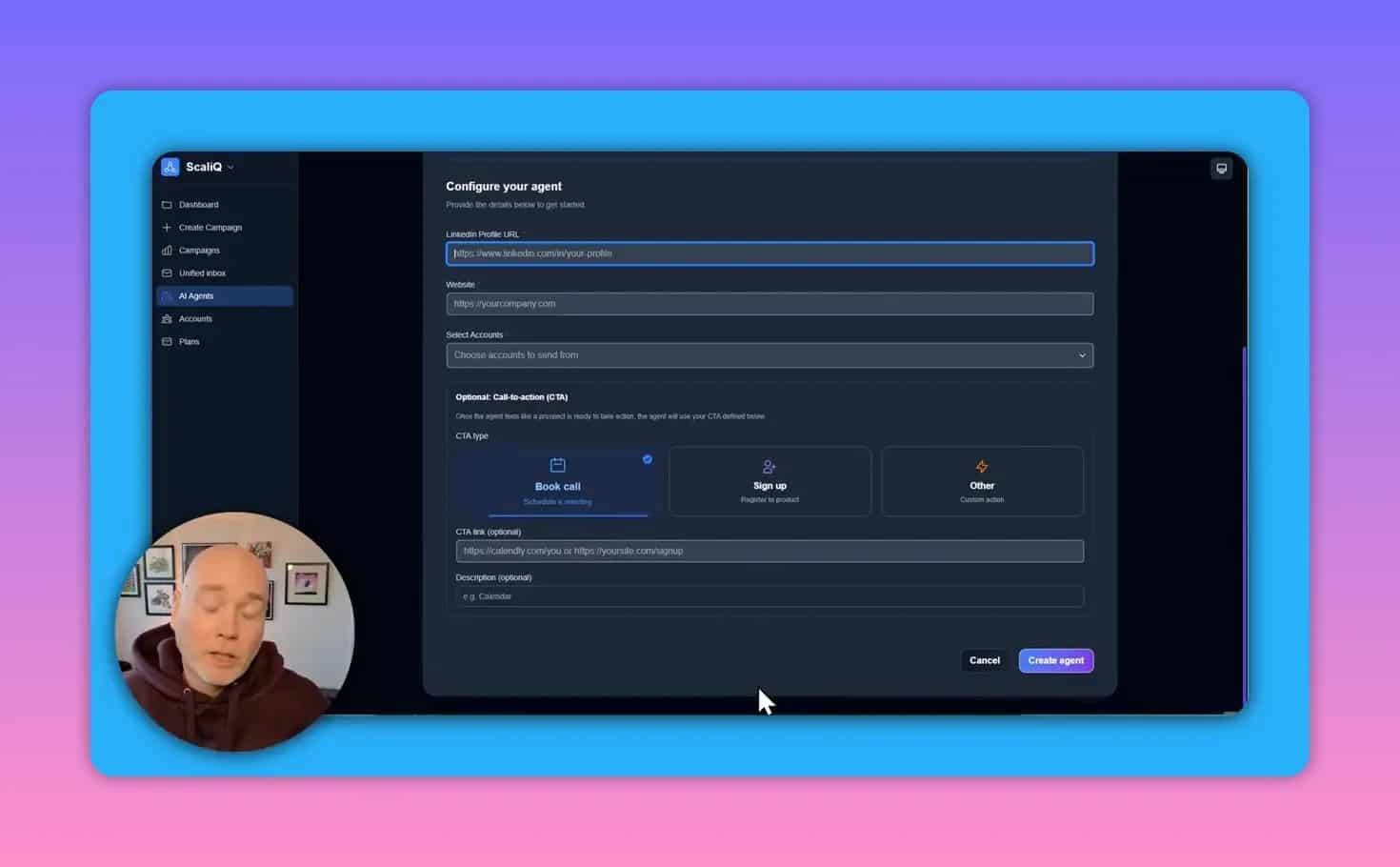 Scalic configure your agent page with CTA type selection and CTA link input for booking or signup